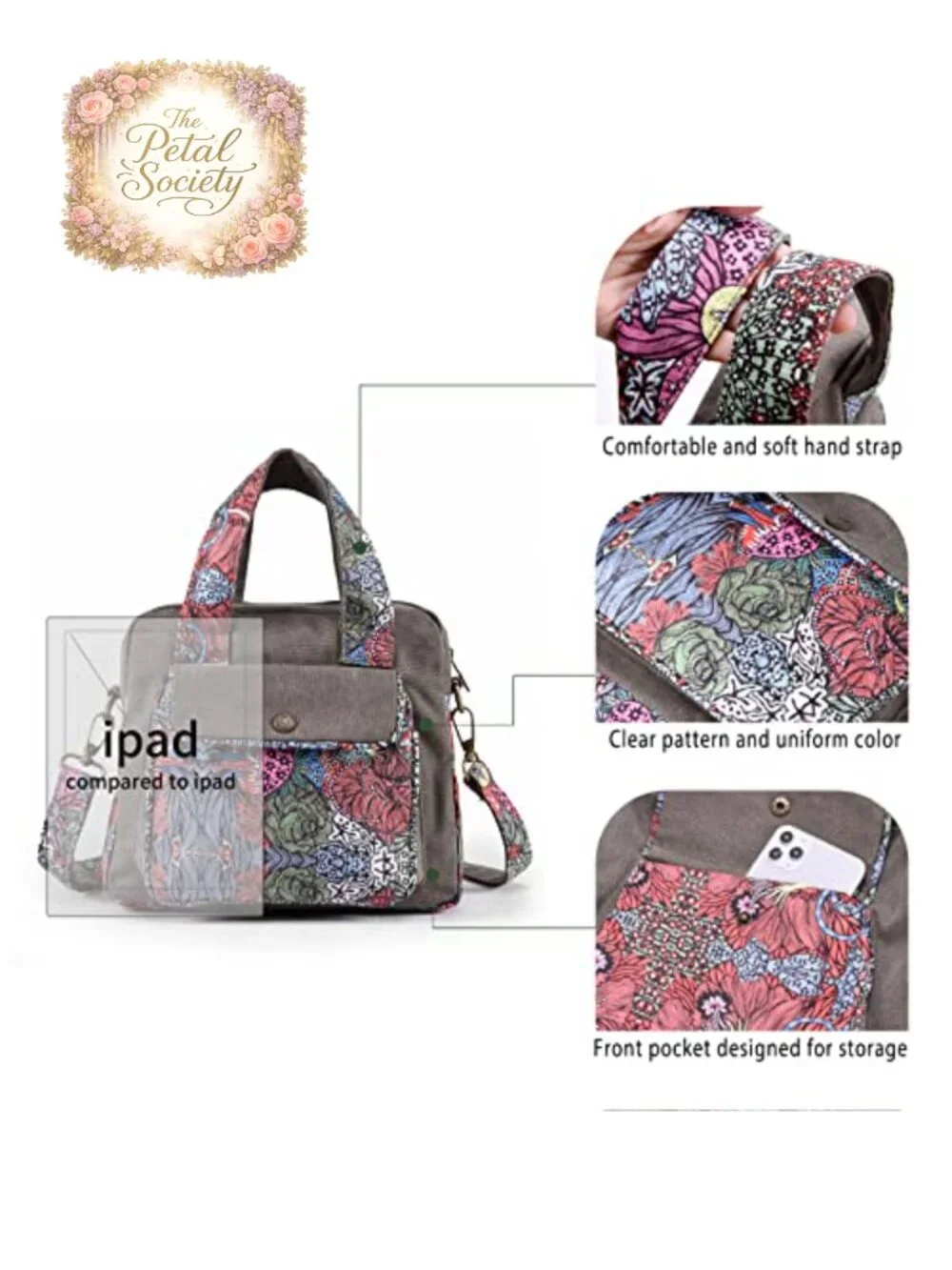 Canvas Floral Crossbody Shoulder Purse with Adjustable Strap